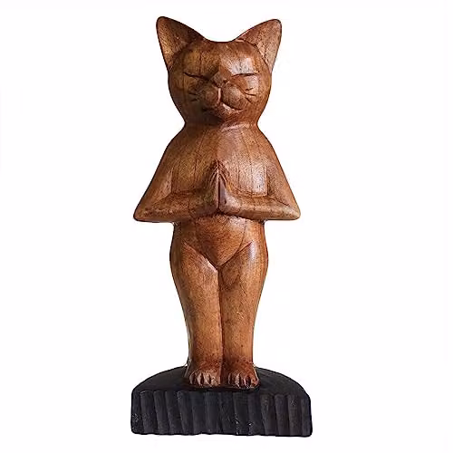 KDMD Handcarved Yoga Cats in Brown, Wood Tabletop Decoration, W/D/H: 30.0 x 12.0 x 12.0 cm