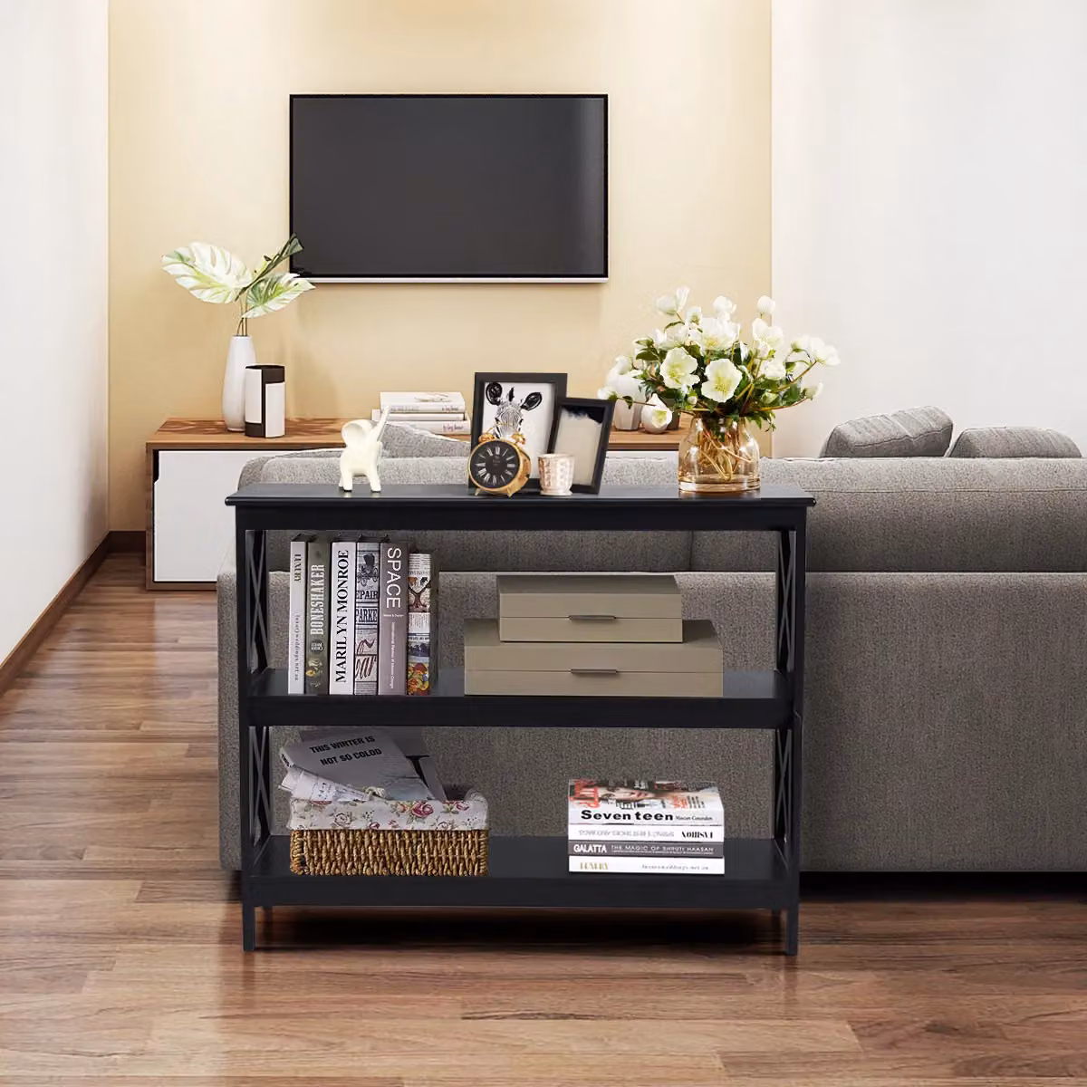 Costway 3-Tier X-Design Wooden Console Table with Shelf in Black – 2