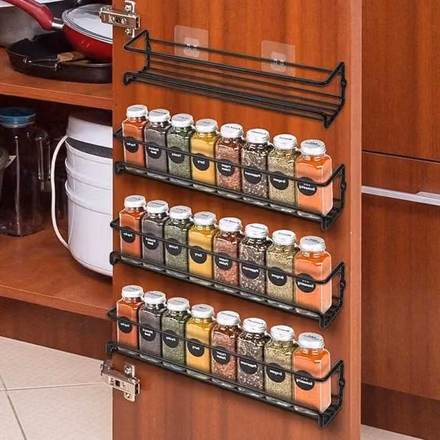 FORGEVIO 4-Piece Stainless Steel Spice and Herb Jar Rack Holder in Black