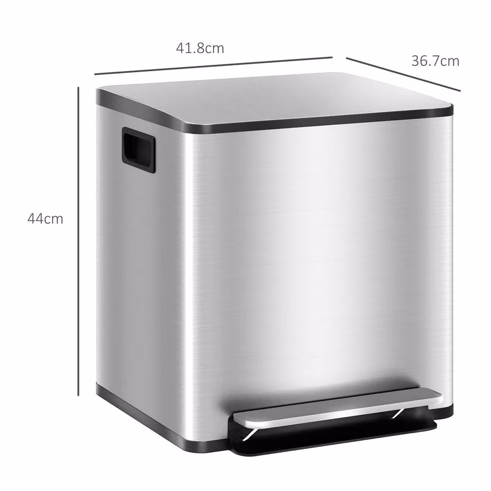 HOMCOM Double Kitchen Pedal Bin with Soft-Close Lid, Silver Tone, 2 x 15L – 2