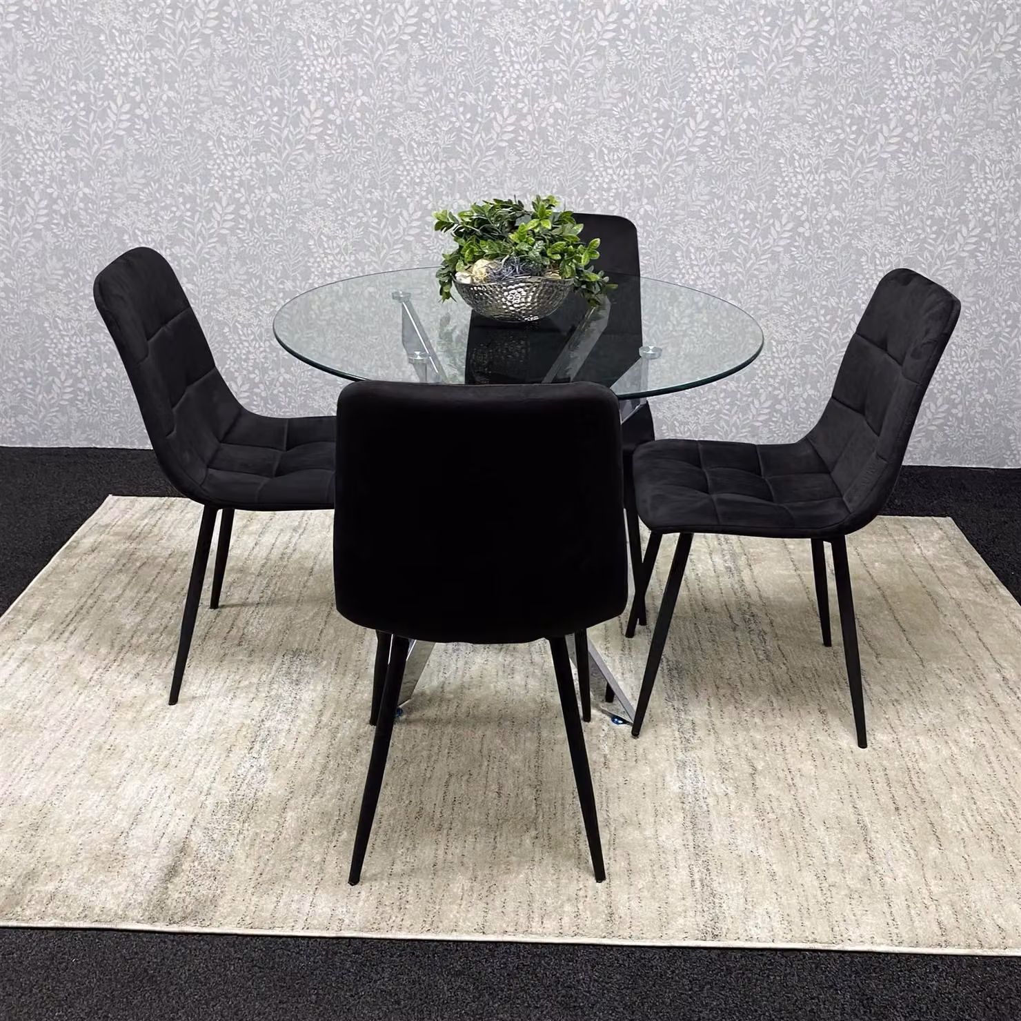 KOSY KOALA Round Glass Dining Table and 4 Black Velvet Chairs Set in Brown – 4