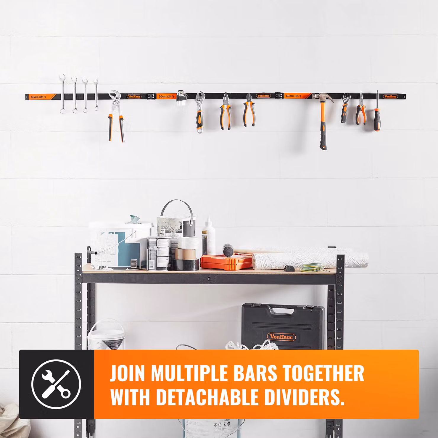 VonHaus Set of 3 Wall Mounted Magnetic Steel Tool Holders, Black, W: 60 cm – 2