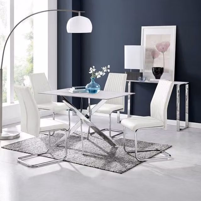 FurnitureboxUK Leonardo White Marble Effect Glass Dining Table and 4 Lorenzo Chairs in White and Silver