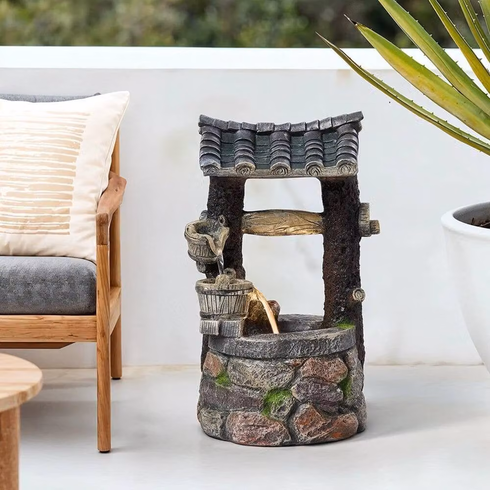 NESTLUNE Solar Wishing Well Water Fountain Outdoor Garden Water Feature, Grey, W: 100 cm, D: 15 cm – 6