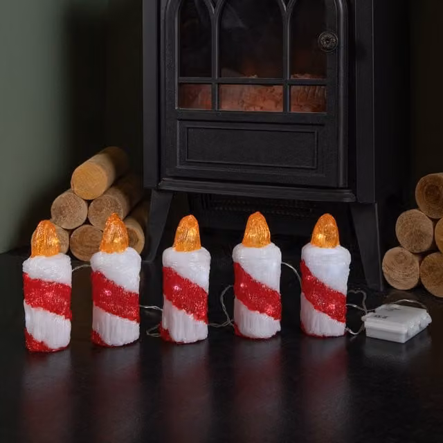 Samuel Alexander Set of 5 Red Striped Battery Operated Christmas Pillar Candle Ornaments with 30 Cool White LEDs, Height: 15 cm – 1