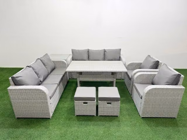 Fimous PE Rattan High Back Lounge Sofa and Rectangular Dining Set in Light Grey with 3 Seater Sofa, Reclining Chair, Stools and Side Table