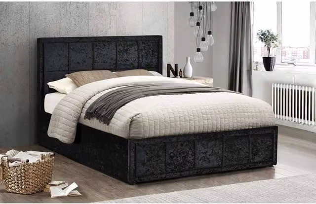 Birlea Hannover Black Crushed Velvet Glitz Fabric Ottoman Bed Frame with Gas Lift Storage, Double