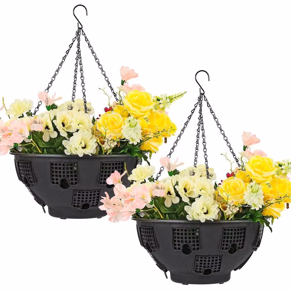 SPETLEK 2 Pack Black Plastic Easy Fill 12 Hole Hanging Garden Planter Baskets, 38 cm Diameter – 4