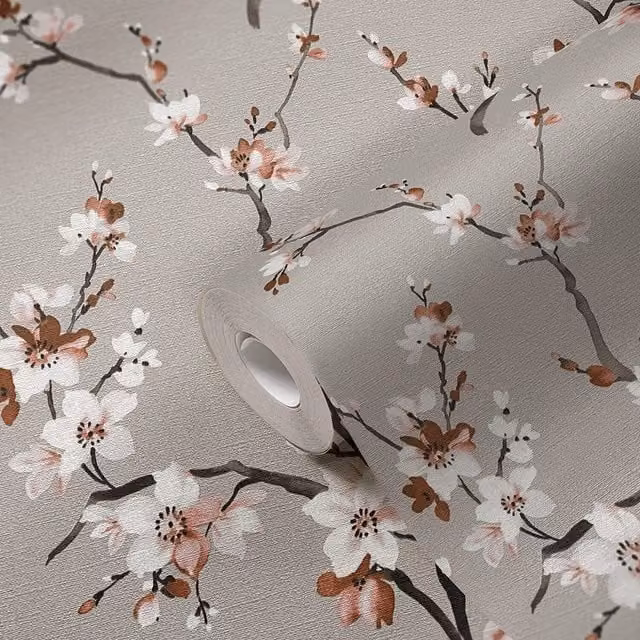 A.S. Création Oriental Floral Blossom Wallpaper in Grey, Brown and White