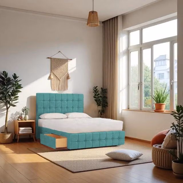 Knight Sleep Munic Plush Bed Set with Hybrid Mattress and 2 Drawers in Baby Blue, Super King, W/D/H: 200 x 200 x 60.96 cm