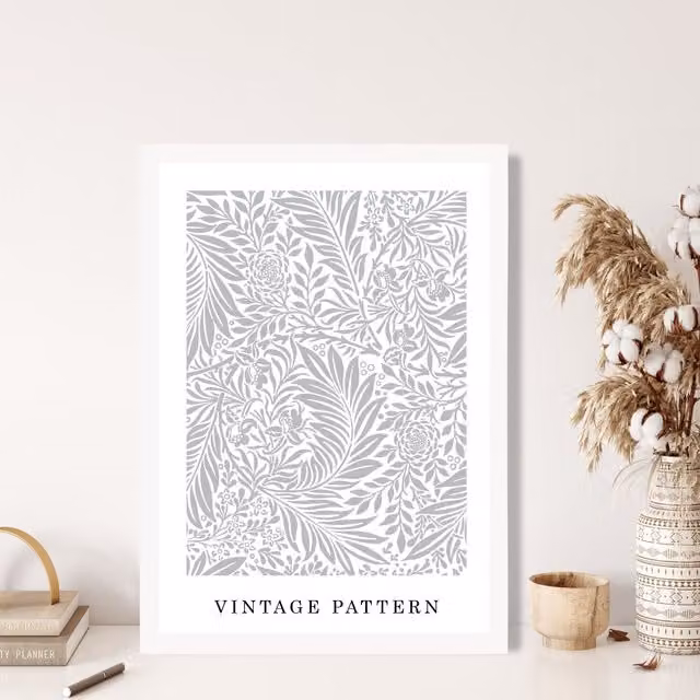 ARTZE Vintage William Morris Larkspur Floral Art Print in Grey and White with White Frame – 1