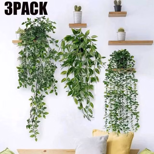 EONLION Set of 3 Green Artificial Hanging Plants, 100 cm – 1