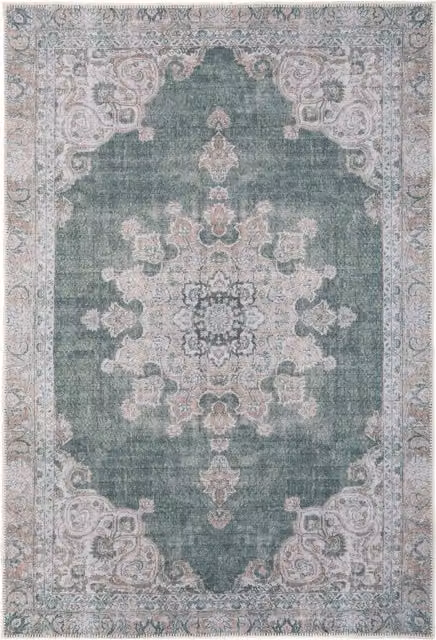The Rug House Green Vintage Washable Rectangular Cotton Rug, W: 300 cm, D: 80 cm
