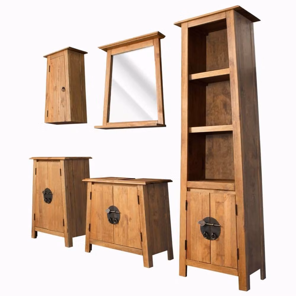 Berkfield Home 5 Piece Vintage Brown Solid Pine Wood Bathroom Furniture Set with Wall Mounted Vanity, Tall, Side and Mirror Cabinets – 1