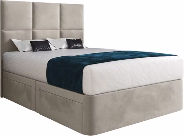 KDMD Dime Upholstered Floorstanding Headboard and Divan Designer Bed Frame with Drawers, Beige, W/D/H: 180 x 200 cm – 1