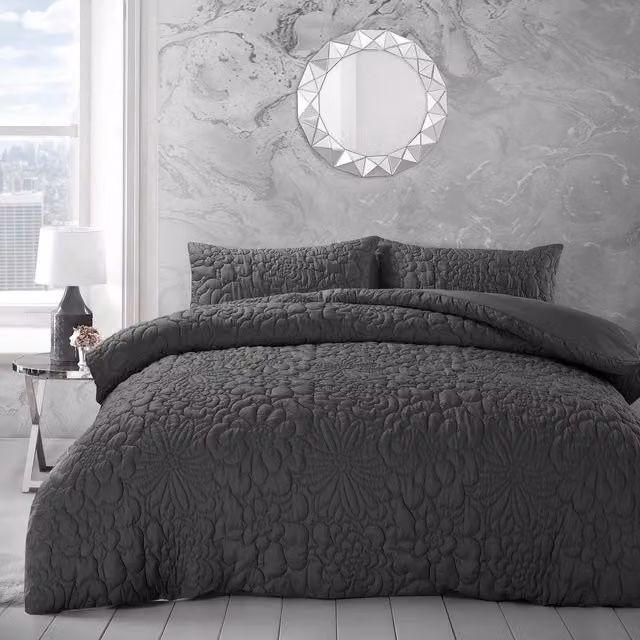 Velosso Microfibre Floral Duvet Set and Pillowcase in Grey Anthracite, W/D/H: 90 x 200 cm