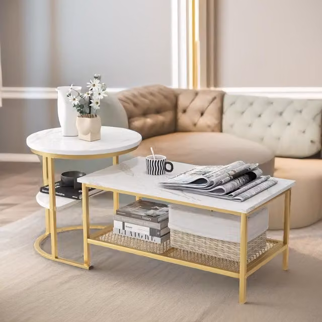 Pirlo Plush 2-Piece Nesting Tables Set in Gold and White Faux Marble – 1