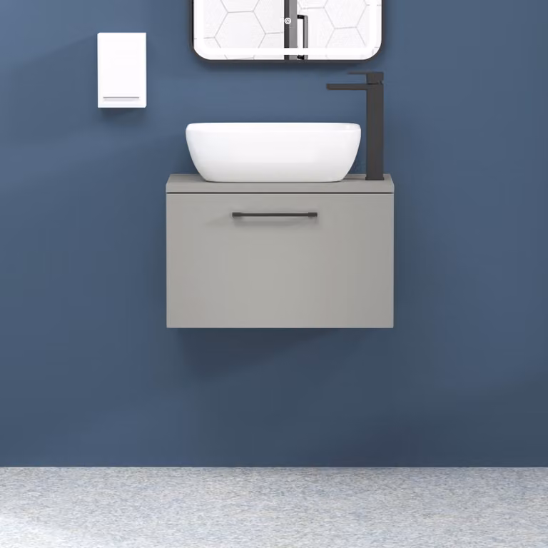 Royal Bathrooms Elva Modena 800mm Wall Hung Vanity Unit in Satin Grey with 1 Drawer, Matt Black Handle and Countertop Basin