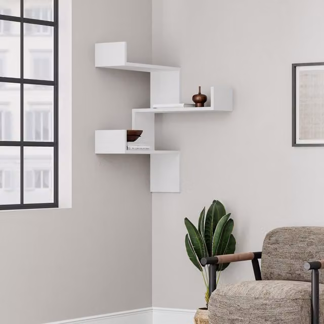 Decortie Luksa White Wall Mounted Corner Bookcase with Zigzag Design, W/D/H: 60 x 60 x 90 cm – 1