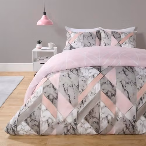 OHS Reversible Marble Duvet Cover and Pillowcase Set, Pink and Grey Microfibre Bedding, W/D/H: 180 x 200 cm, Pillowcases: 50 x 75 cm