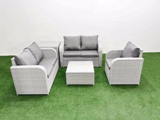 Fimous High Back Poly Rattan Garden Furniture Set in Light Grey with Reclining Chair, Loveseat Sofa, Square Coffee Table and Side Table