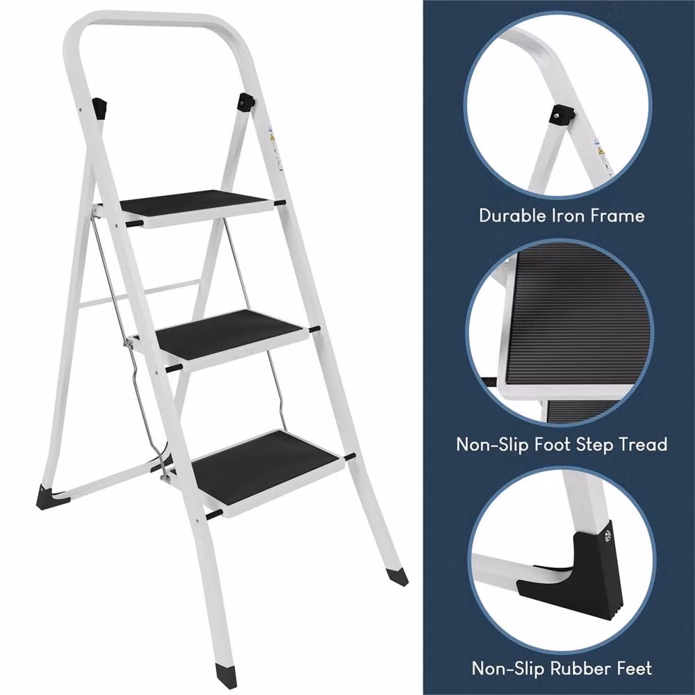 PAWNORA 3 Step Folding Portable Compact Ladder in White – 5