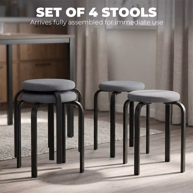 EONLION Set of 4 Modern Cylindrical Round Stools in Dark Grey Fabric with Metal Frame – 1