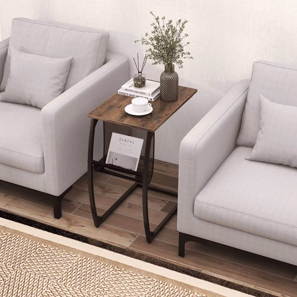 KORVIXA Modern Compact Sofa Side Table with Mesh Bag in Brown – 3