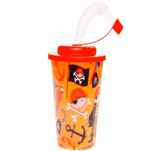 LG-Imports Pack of 12 Pirate 3D Plastic Cups with Straw and Lid in White and Multicolour