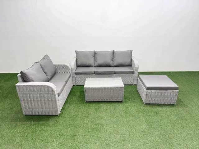 Fimous 6 Seater Grey PE Rattan Wicker Garden Furniture Set with 3 Seater Sofa, Love Seat, Big Footstool and Rectangular Coffee Table