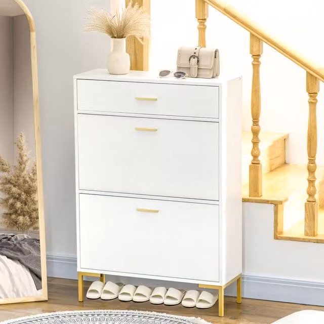 HOMCOM Modern White Shoe Cabinet with Tilting Compartments and Gold Accents for Hallway Storage