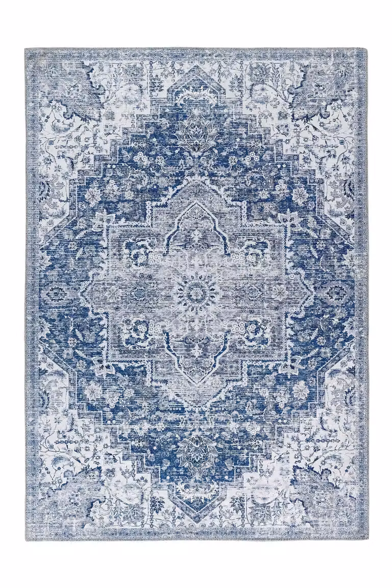 Phoenox Textiles Limited Origins Washable Garda Rug in Blue and White, Floral Chenille, W: 80 cm, L: 150 cm