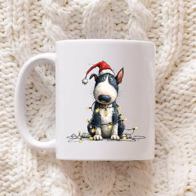 60 Second Makeover Bull Terrier Christmas Lights Ceramic Mug in White