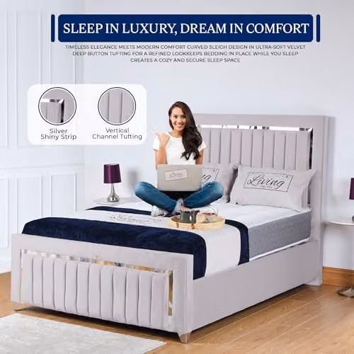 Living Comfort Bedz Zurich Plush Velvet Bed in Silver with Vertical Lined Headboard and Footboard, W/D/H: 200 x 190 x 122 cm – 2