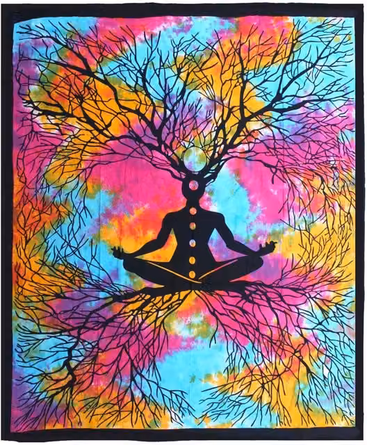 KDMK Double Cotton Bedspread and Wall Hanging with Multi-colour Yoga Tree Art Decor