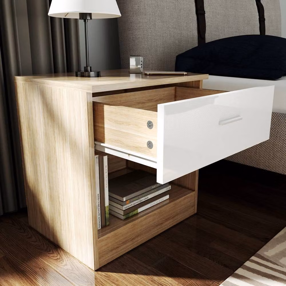 FORGEVIO High Gloss Wood Bedside Table and Storage Drawer Set in White – 3
