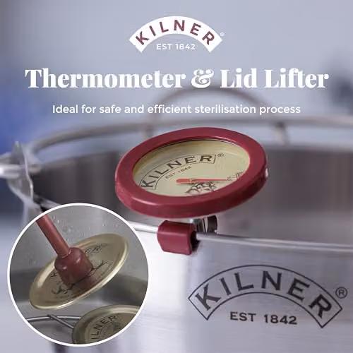 Kilner Preserving Essentials Set with Stainless Steel Thermometer and Red Magnetic Lid Lifter – 2