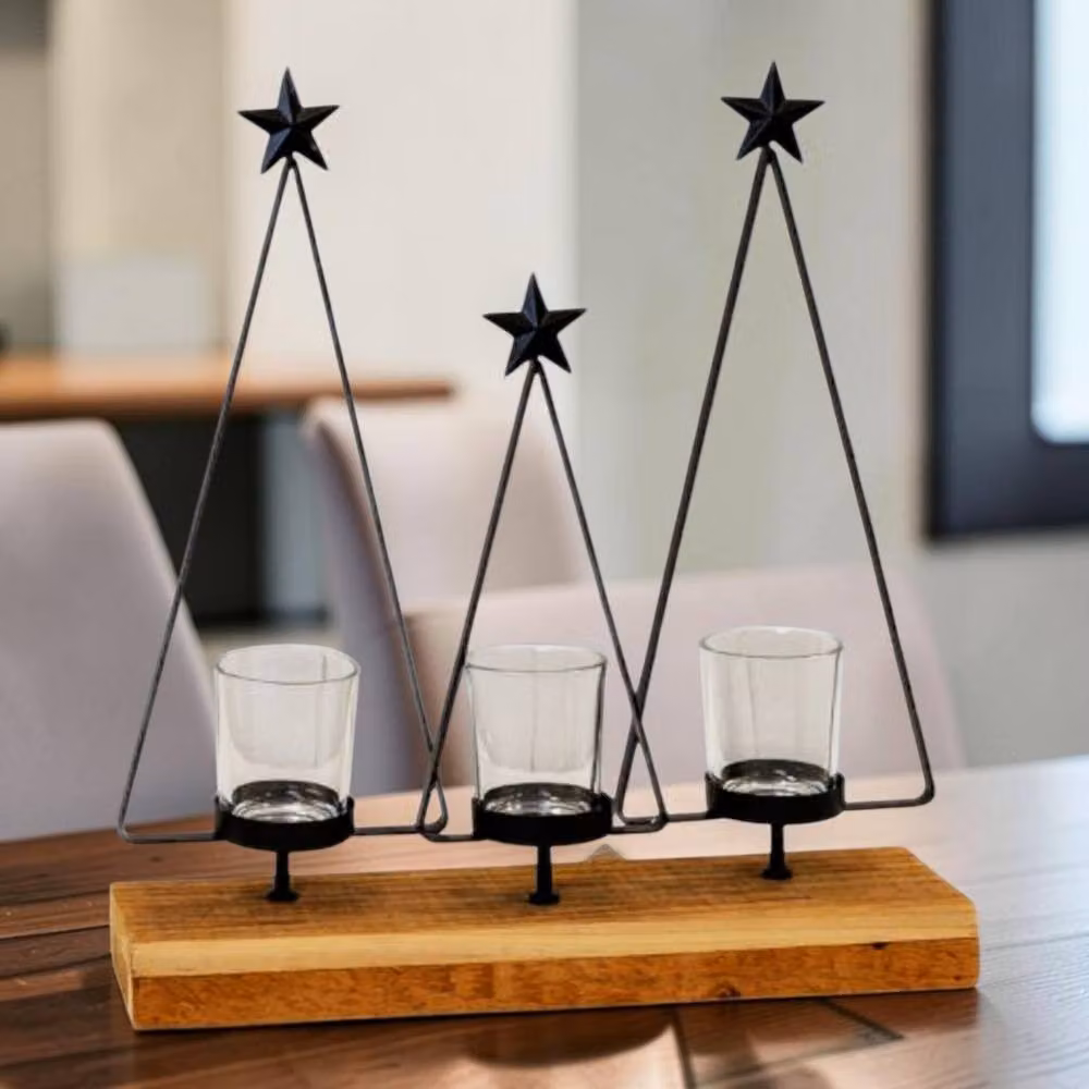 Four Candle Black Metal Triple Tree Tealight Holder on Wooden Base – 2