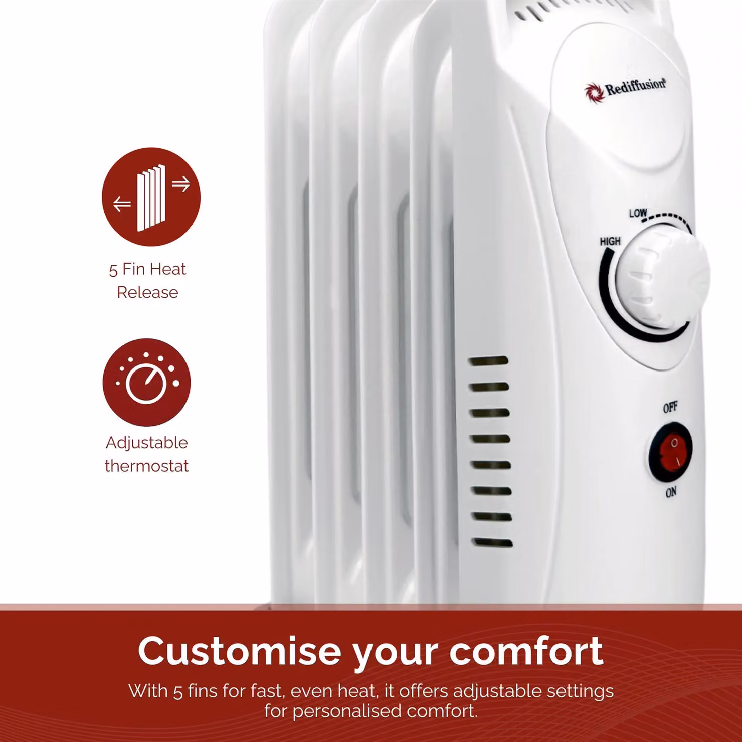 Rediffusion 650W Oil Filled Radiator in White with Adjustable Thermostat and Overheat Protection, W/D/H: 38.5 x 23 x 14 cm – 2