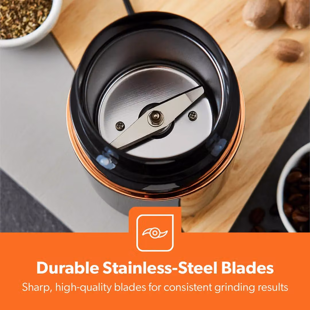 Geepas 200W Coffee Grinder with Stainless Steel Blades, White and Black, 80g Capacity – 4