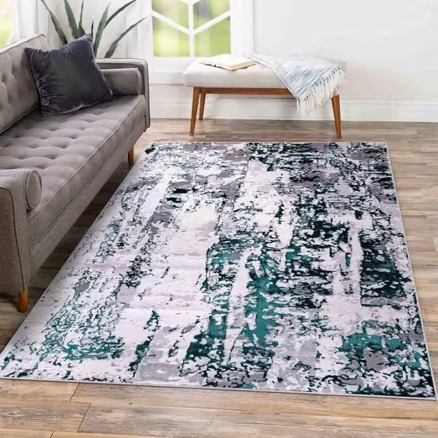 Serdim Rugs Modern Abstract Rectangular Area Rug in Turquoise, Green and Multicolour, W: 120 cm, L: 170 cm