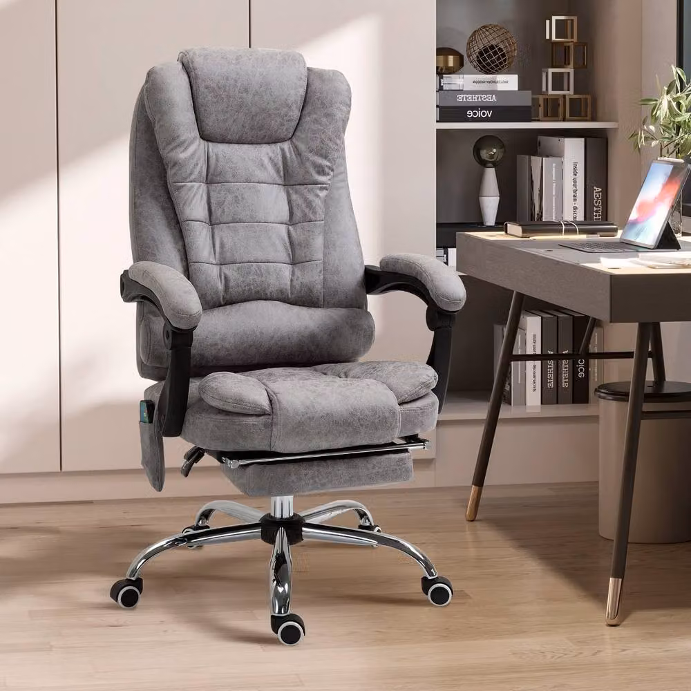 Rolipo Heated 6-Point Massage Reclining Microfibre Office Chair with Footrest and Headrest in Grey – 4