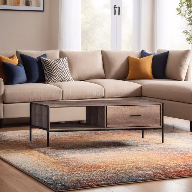 FWStyle Industrial Inspired Rectangular Coffee Table with 1 Drawer in Cracked Oak Brown