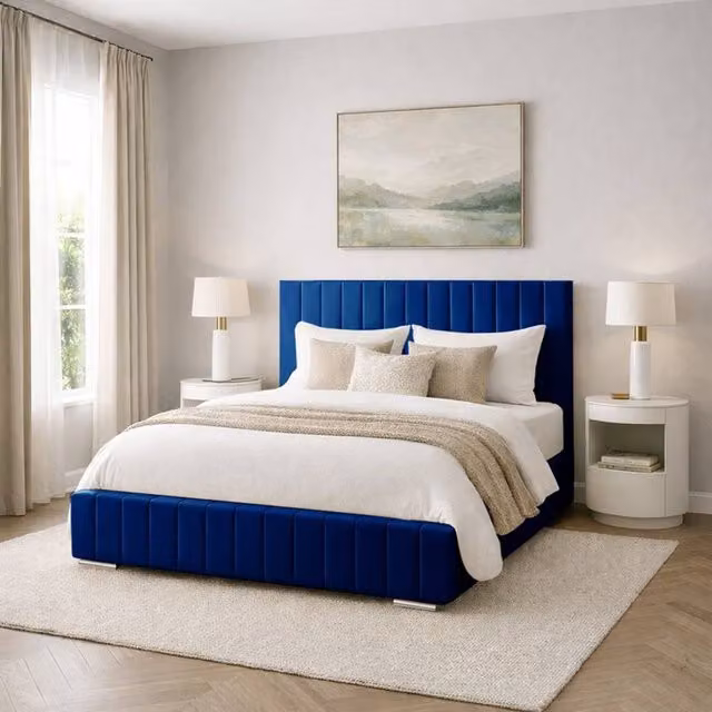 Desire Deco Blue Plush Velvet Upholstered Bed Frame