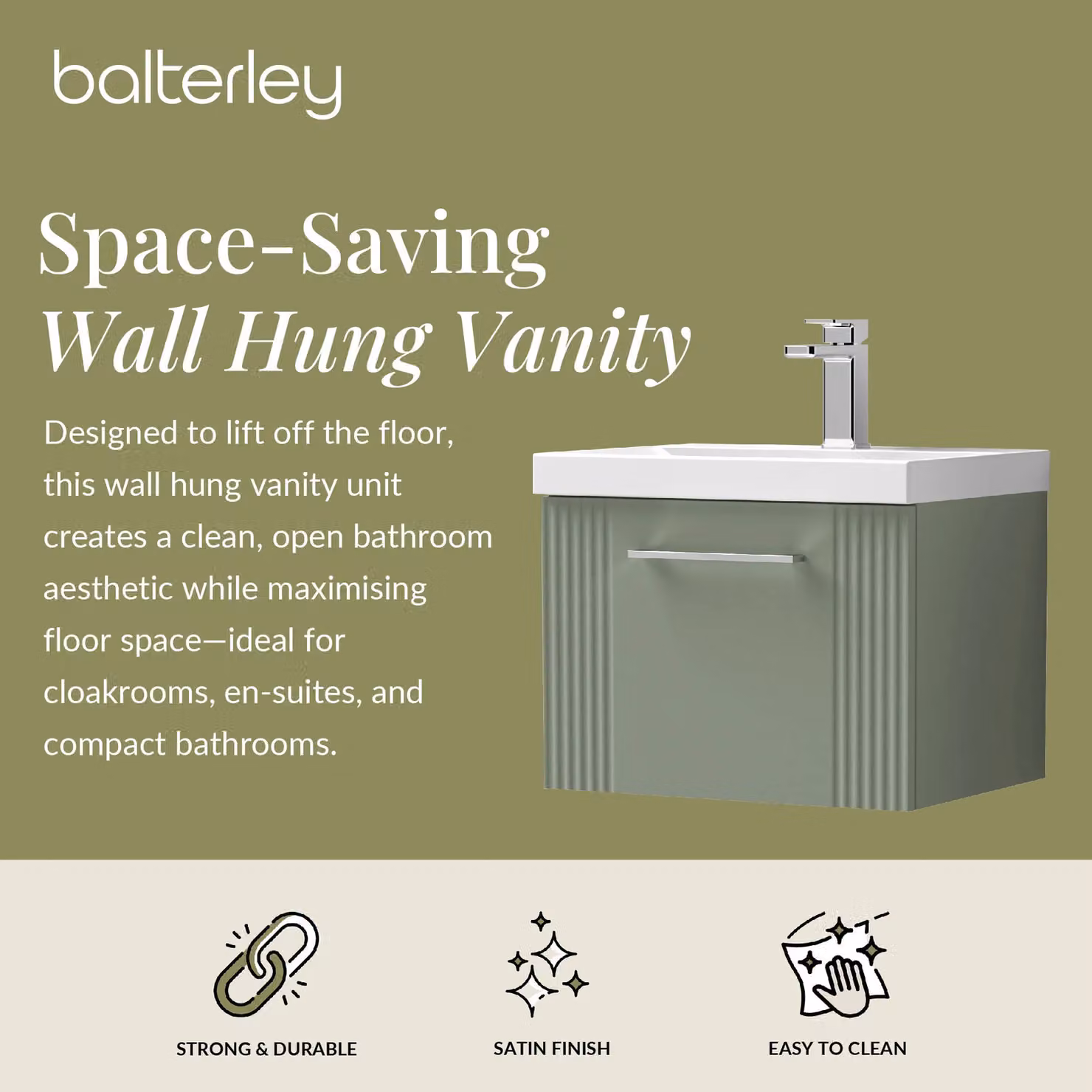 Balterley Wall Hung 1 Drawer Vanity Unit with Mid-Edge Basin, Satin Green – 2