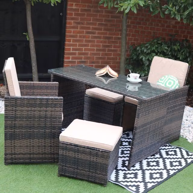 Eton 4 Seater Rattan Garden Cube Armchair and Bar Dining Table Set in Mixed Brown