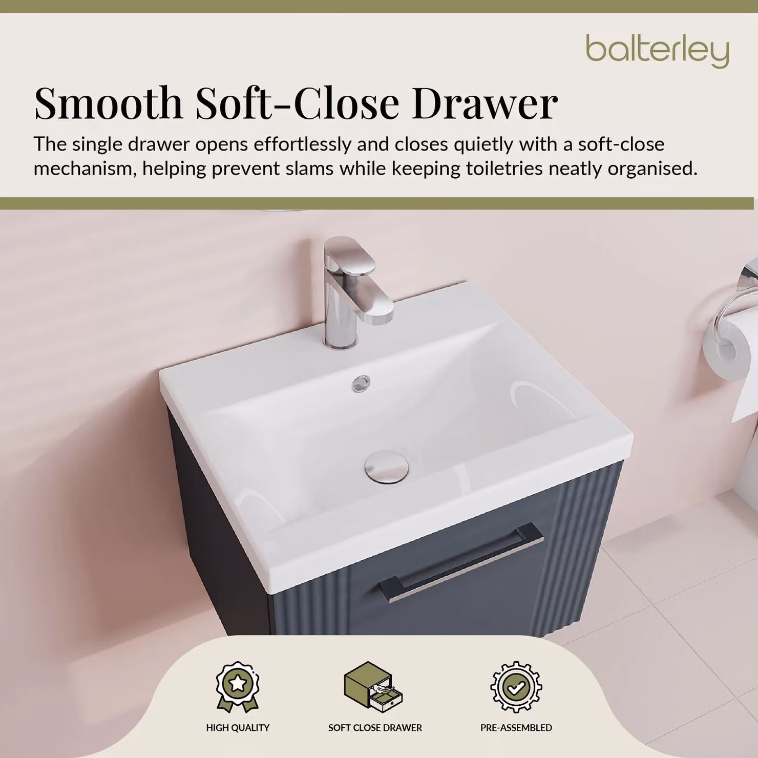 Balterley Wall Hung Single Drawer Vanity Unit with Mid-Edge Basin in Matt Dark Grey, W/D/H: 51.0 x 39.0 x 39.9 cm – 3