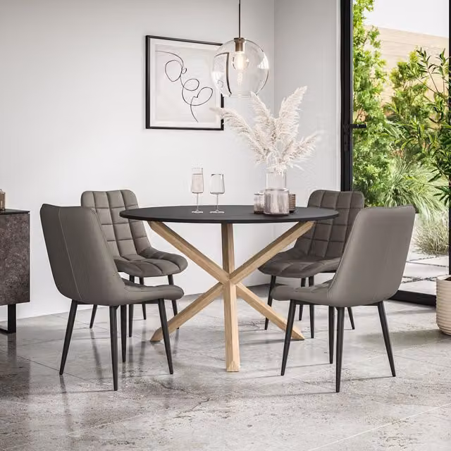 More4Homes Malvern Round Dining Table and 4 Nova Faux Leather Chairs Set, Black Table Top with Solid Oak Legs and Grey Chairs, Diameter: 120 cm, Height: 75 cm