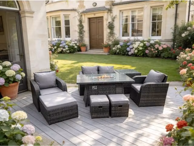 Fimous Dark Grey Rattan Garden Furniture Set with Gas Fire Pit, Love Sofa, Reclining Chairs and Footstools