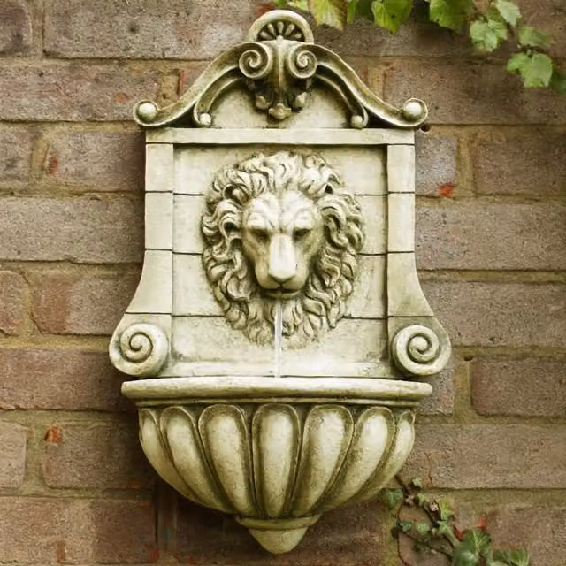 Primrose King Lion Head Antique Effect Wall Mounted Water Fountain in Beige and Yellow